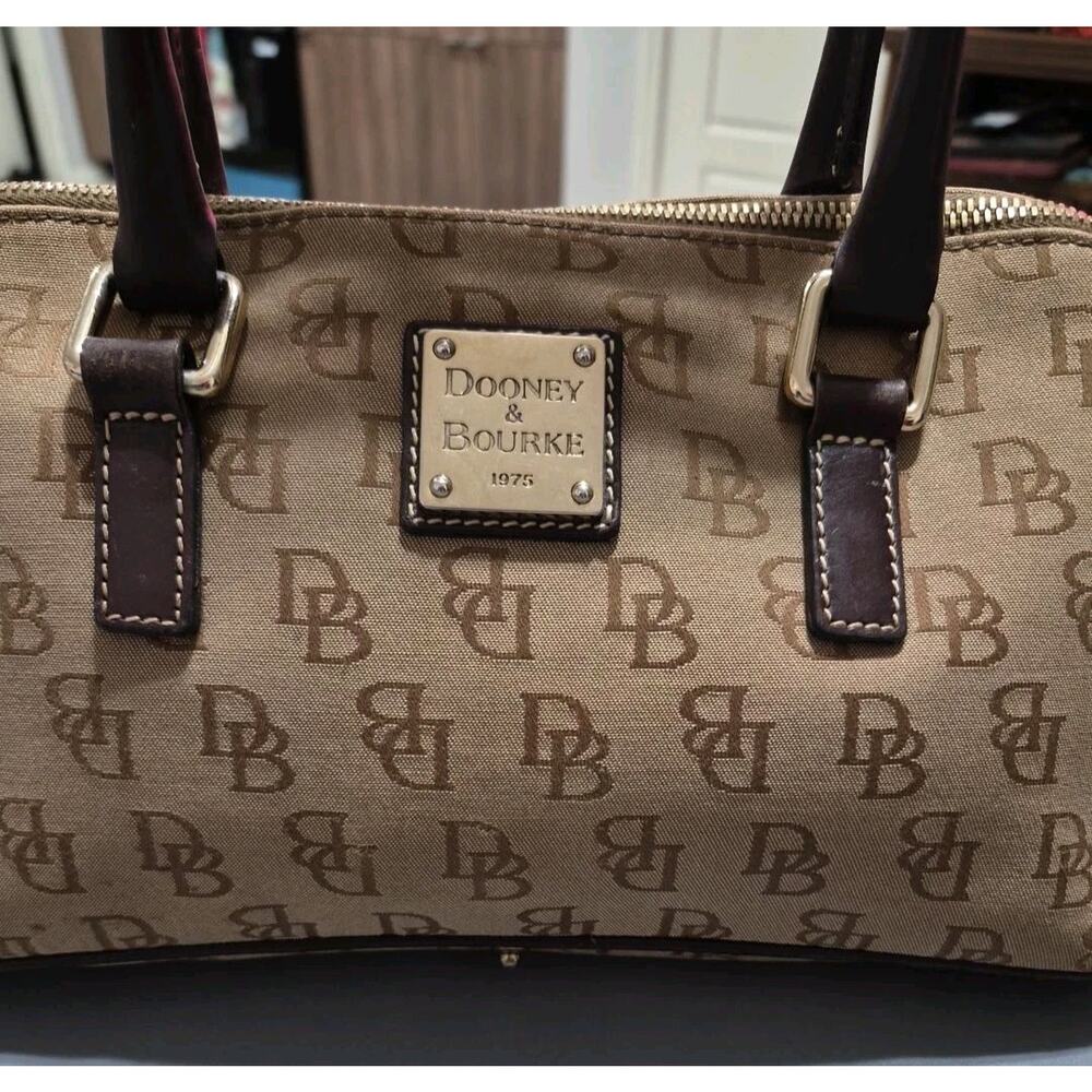 Dooney & Bourke Signature DB Monogram Satchel Handbag Brown Leather Tan